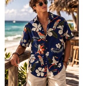 Hawaiian Tropical Button Up Men's Slim Fit Bold Print Summer Vacation Shirt M